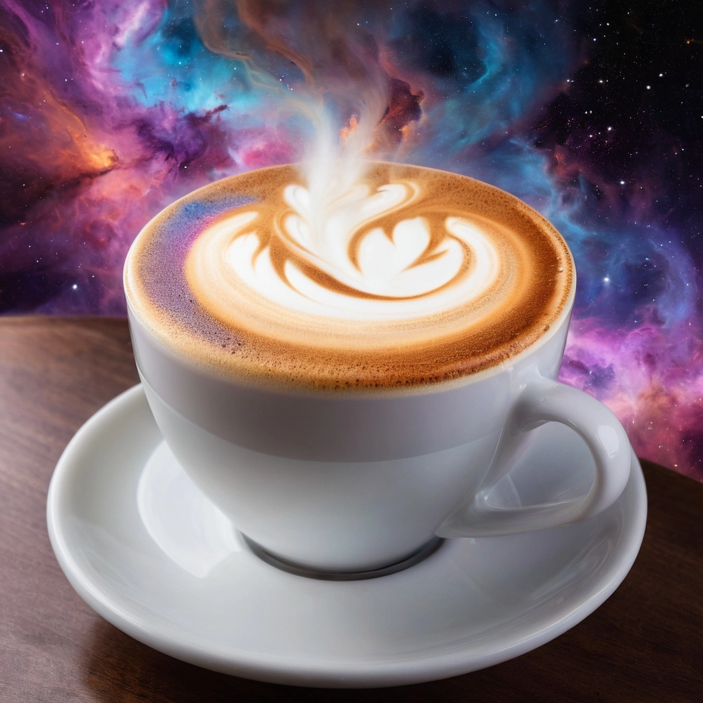 A latte with a vibrant nebula swirling in the milk