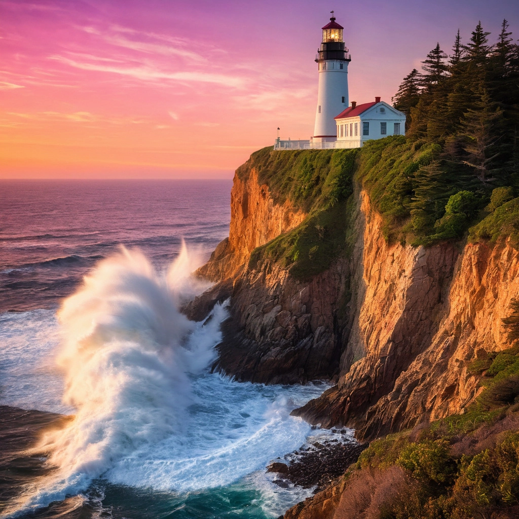 A lighthouse on a cliff at sunset