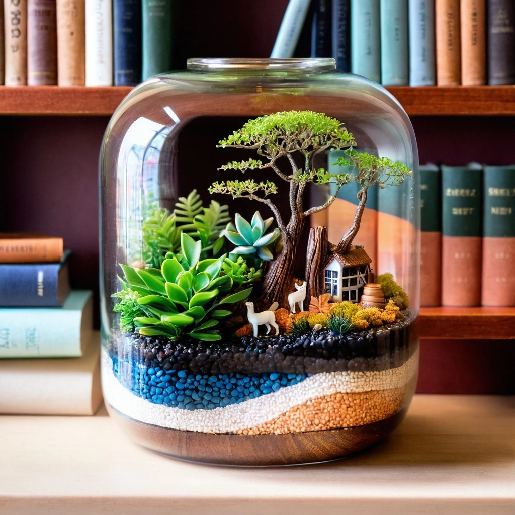 A miniature ecosystem in a glass container on a bookshelf