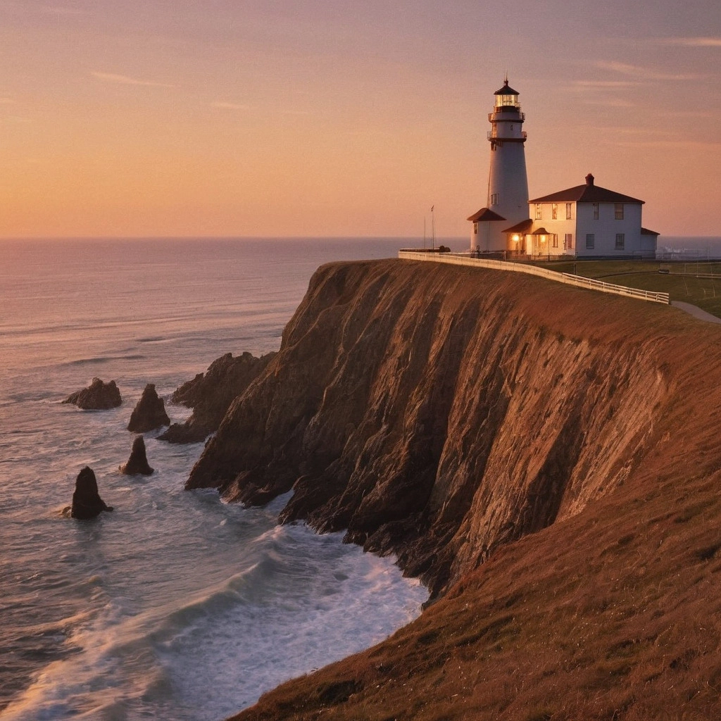 A lighthouse on a cliff at sunset