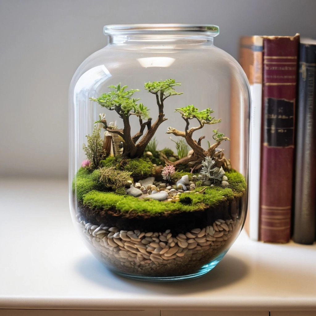 A miniature ecosystem in a glass container on a bookshelf